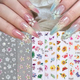 Flower Nail Art Stickers 3D Self-Adhesive Flower Leaves Butterfly with Rhinestones Design Nail Decals Sunflower Lotus Lily Nail Art Stickers Acrylic Nail Decoration for Women Manicure Supplies