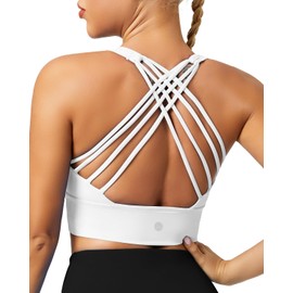 QUEENIEKE Sports Bras for Women Padded Medium Support for Yoga Cross Back Strappy Free to Be Bra Size L Color White