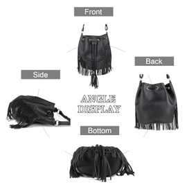 Jywmsc Women's Fringe Tassel Shoulder Bag Leisure Boho Bucket Shoulder Bag, black