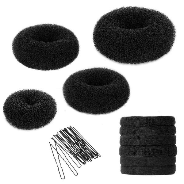 YaFex Hair Bun Maker Kit - Donut Bun Maker 4 Pieces(1 Large, 2 Medium, and 1 Small), 6 Pieces Elastic Hair Ties, 20 Pieces Hair Bobby Pins, Black