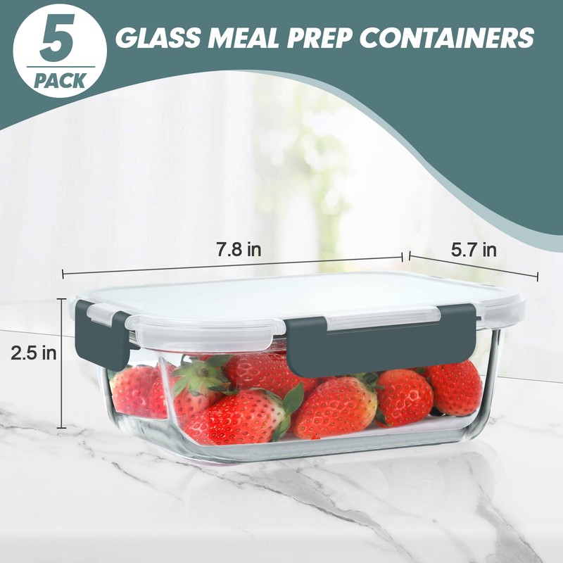 KOMUEE 30 oz 5 Pack Glass Meal Prep Containers, Glass