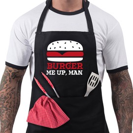 BBQ Aprons for Men, Funny Cooking BBQ Apron in 100% Cotton, Adjustable with 2 Pockets, Birthday, Christmas, Cooking Gifts for dad, chef, husband, him - Burger Me Up - Black