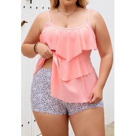 B2prity - Traje de baño tankini para mujer, talla grande, control de abdomen, dos piezas, con volantes y pantalones cortos, Rosa, Black Spot, X-Large