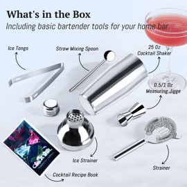 25OZ Cocktail Shaker Set, 6-Piece Cocktail Bartender Kit with Strainer, Stainless Steel Martini Shaker Drink Mixer with Jigger, Straw Spoon, Cocktail Recipes and Ice Tongs Basic bar set for Beginners