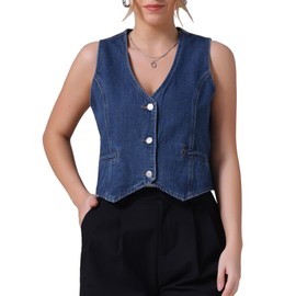 CIMUK Women's Denim Vest V Neck Button Down Sleeveless Waistcoat Vest Top Western Outfits Casual Jean Vests Large Dark Blue