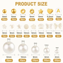 IONPSHG 1860pcs Beads Bracelet Making Kit with 5 Sizes Round White Pearl Beads, Multi-Shape Pearls & Gold Spacer for DIY Jewelry Making, Art Crafts Gifts for Women Girls