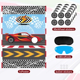 Hooqict Pin The Wheel on The Car Birthday Party Games for Kids Race Car Theme Party Supplies for Boys Monster Truck Party Decorations, Large Pin The Games Poster with 30 Wheel Stickers