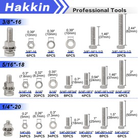 Hakkin 240Pcs Hex Bolts and Nuts Kit Stainless Steel Spring Washers Assortment Kit, 3/8" 1/4" 5/16", 10 SAE Sizes Machine Screws Set with Storage Case