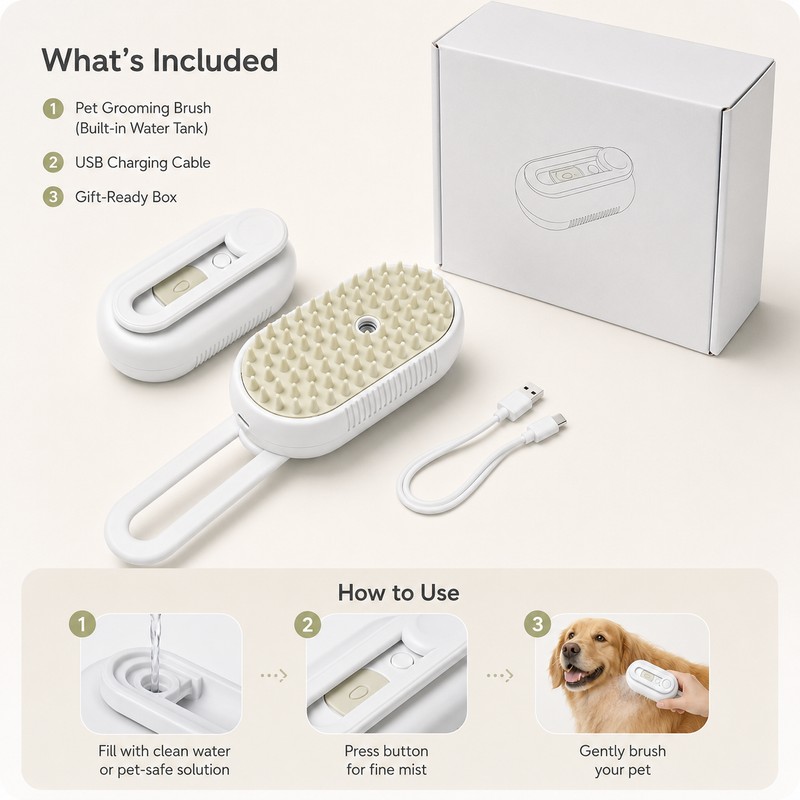 4-in-1 Pet Mist Grooming Brush – Rechargeable Spray Comb for