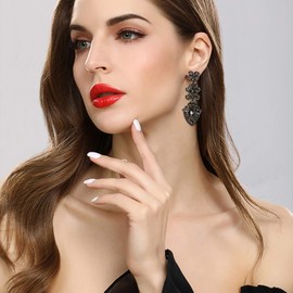 Flyonce Women's Crystal Wedding Bridal Art Deco Floral Chandelier Dangle Earrings Carbon Black Black-Tone