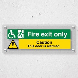 V Safety Wheelchair Fire Exit Only – Door Alarmed Acrylic Safety Sign – Clear Perspex Accessibility Sign, 300x100mm