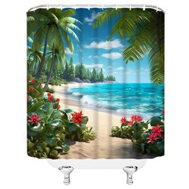 WANVYON Beach Shower Curtain Tropical Ocean Palm Tree Floral Summer Hawaiian Coastal Scenic Bathroom Decor Polyester Curtains with Hooks