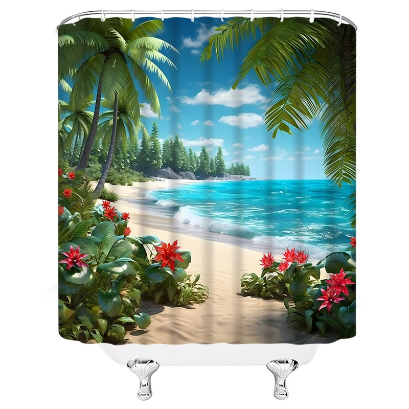 WANVYON Beach Shower Curtain Tropical Ocean Palm Tree Floral Summer