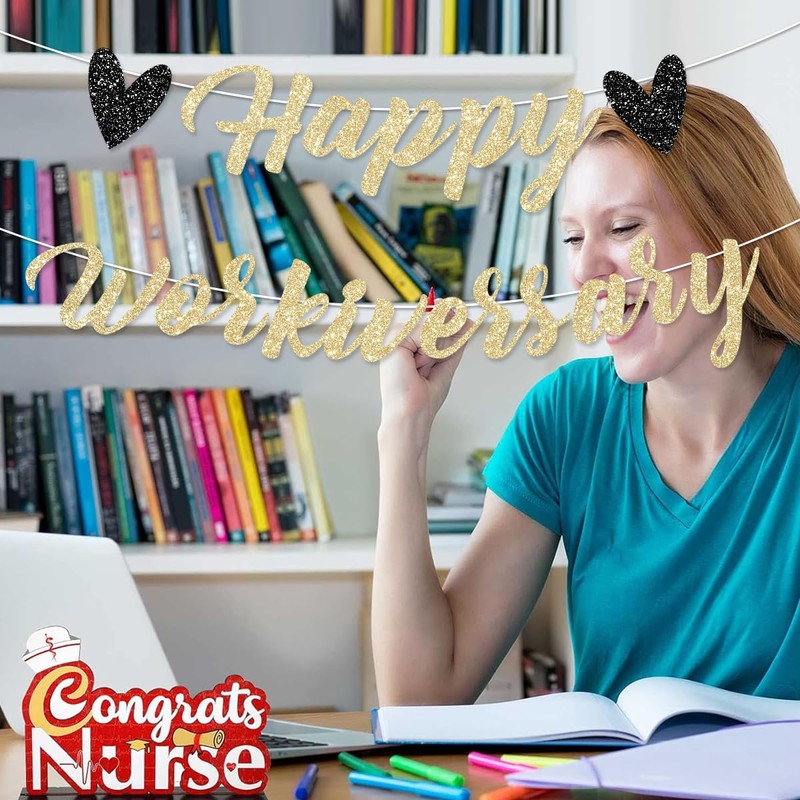 FHGG Pre-Strung Happy Work Anniversary Decorations Banner Gold Glitter Workiversary
