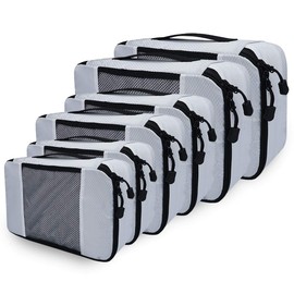 Netspower Packing Cubes Clothes Bags Set, 6 Pieces Waterproof Suitcase Organiser, Travel Luggage Packing Bags with Webbing Handle for Air Travel, Clothing, Shoes, Cosmetics, Silver White