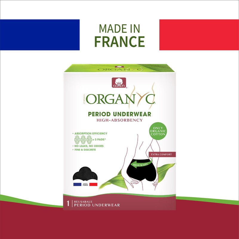Organyc Organic Cotton Reusable Period Underwear, High Waist Panty, Ultra-Absorbent,