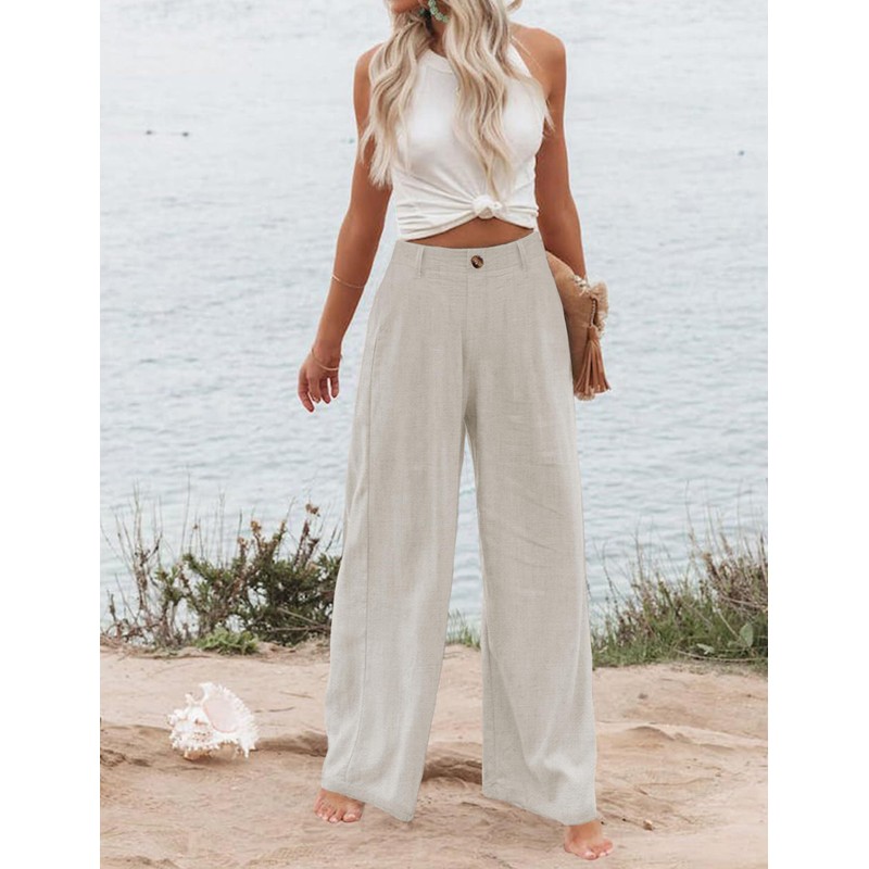 Hooever Womens Cotton Linen Pants Casual Button Up High Waisted