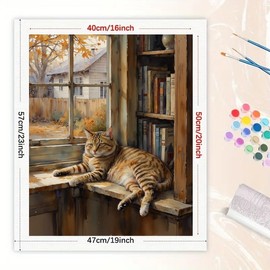 Cozy Cat Paint by Numbers Kit for Adults - DIY Tabby Cat on Window Seat Painting on Canvas 16x20In, Frameless Acrylic Paint Set, Suitable for Beginners, Art for Library or Book Lover Gifts