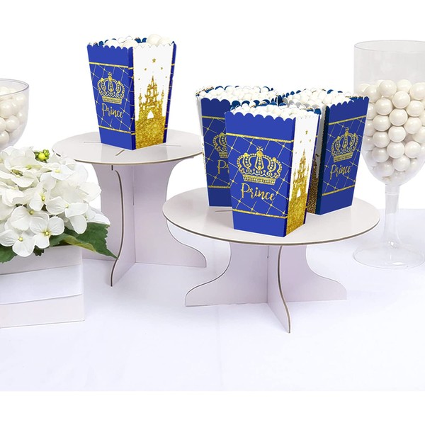 Set of 24 Blue and Gold Prince Popcorn Boxes, Royal Prince Charming Baby Shower Birthday Themed Party Favor Boxes Treat Candy Cookie Box Decoration Supplies