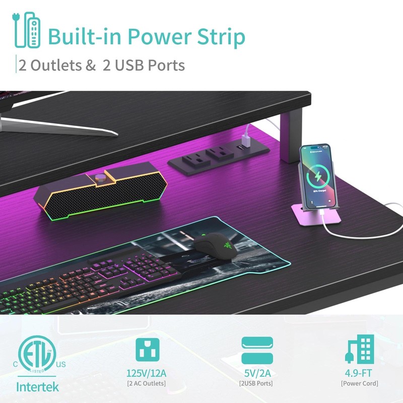 Lufeiya Small Desk with Power Outlets and LED Lights, 32