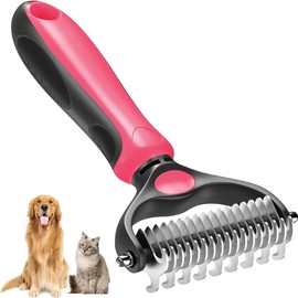 Pet Grooming Brush Double Sided Undercoat Rake for Dogs Cats with 9 Tooth & 17 Tooth Sides for Shedding Dematting & Tangle Removal Blue Plastic Handle - Deshedding Tool:_Pink