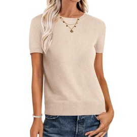 ANRABESS Womens Short Sleeve Sweaters Wool Blend Crew Neck Sweater Shirts Business Casual Work Tops 2025 Summer Outfits Parchment Beige XL