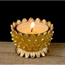 Lotus Flower Votive Tealight Candle Holder,Copper Buddhist Candlestick Holder,Tibetan Buddhist Water Offering Cup,Oil Lamp Holder for Meditation Buddha Altar with 4PCS Floating Canldes (Gold)