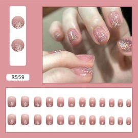 Glue on Nails Short Square, 24Pcs Full Cover Reusable False Nails, Stick on Fingernails for Women, Artificial Acrylic Fake Nails with Designs, Press on Nails Coffin Square Shape (R559)