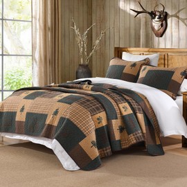 SahSahCasa 100% Cotton Quilt Set King Size, Farmhouse Reversible Rustic Lodge Cabin Quilt Bedspread Bedding Set, Lightweight Comforter for King Bed, Dark Green/Dark Brown