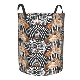 Zebra And Giraffe Stylish Round Single-Layer Laundry Basket With Handle-Ideal For Bathroom And Bedroom
