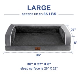 SheSpire Dog Bed Orthopedic Foam Pet Sofa Cushion with Removable Bolster & Washable Cover - Dark Gray/Large, 36"x27"x8"
