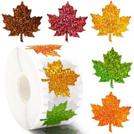 500Pcs Fall Thanksgiving Stickers Roll - Laser Maple Leaf Self-Adhesive Stickers,5 Colors Sparkly Waterproof Decals for Autumn Party Cards Seal Envelopes Supplies Scrapbook Decor