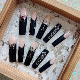 NAIL ANGEL 10PCS/SET Handmade Press On Nails Glitter Dark Metal 3D Cross Butterfly Charms French Style Long Coffin Nails Party Nails XXL Long Artifical Tips ZJ-11 (ZJ11, M)