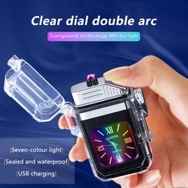SKRFIRE Outdoor Windproof Lighter Double Arc Electric Lighter Rechargeable Plasma Lighter Clear Lighter with Seven Colours Lights and Dial (Black)