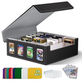 TNELTUEB Card Storage Box for Trading Cards, 3000+ MTG Deck Box with 24 Colorful Dividers and 4 Card Supporters, Commander Deck holder with Viewing Windows Fits for MTG/TCG/Magic Cards (Black, Grey)