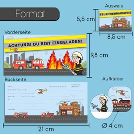 younikat 8 Fire Brigade Invitation Cards with Envelopes, Stickers and Fire Brigade ID I Invitation Cards Children's Birthday Boys I dv_1235