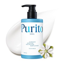 PURITO Loción corporal de manteca de karité luminosa, manteca de karité, suave con la piel, hidratante, piel seca, botella con bomba, K-Beauty, 10.1 fl oz (brisa del océano, 10.14 onzas líquidas)