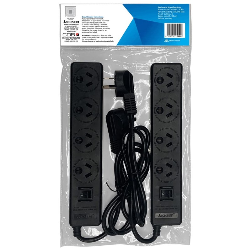 Jackson 4 Way Powerboard 2-Pieces, 90 cm Cable Length, Black