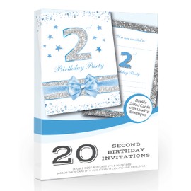 Olivia Samuel 20 x 2nd Birthday Party Invitations from Baby Boy Blue Sparkly Design and Photo Effect Silver Glitter - A6 Postcard Size with envelopes