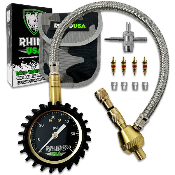 Rhino USA Rapid Tire Deflators with Gauge (0-60psi) Automatic & Adjustable Tire Air Down Tool - Large 2" Easy Read Glow Dial & Solid Brass Hardware - Best Offroad Deflator for Jeep, Truck or ATV