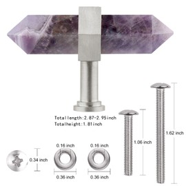 SUNYIK Pack of 2 Amethyst Crystal Point Drawer Knobs with Screws, Hexagonal Double Point Stone Pull Handles for Cabinet Dresser Home Furniture Decor, Stainless Steel Handle