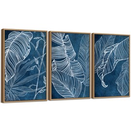 Tropical Banana Leaf Wall Art - Natural Framed Abstract Canvas Picture Indigo Painting Line Leaves Artwork Modern Canvas Prints for Living Room Bedroom Office Home Decor 16" x 24" * 3 Navy Blue White