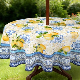 owbgsdh Outdoor Tablecloth with Umbrella Hole and Zipper, Lemon Waterproof Patio Table Covers, Round 60" x 60"