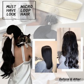 Misslala 22 Inch Micro Loop Human Hair Extensions Cold Fusion Micro Links Human Hair Body Wave Color #1B Off Black Wavy Hair Micro Beads Hair Extensions Remy Soft Hair 50s 50g