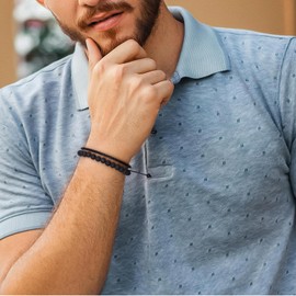 CARITATE Black Lava Rock Bracelets for Men Women - Mens Bracelet Beads 6mm Lava Stone Leather Bracelet Set Mens Jewelry - Cool Anniversary Valentines Fathers Birthday Gifts for Him Boyfriend Husband