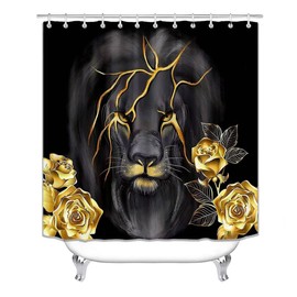 4 PCS Gold Rose and Lion Bathroom Set with Shower Curtain Set with Rugs, Gold Bathroom assessories, Black Lion Shower Curtain