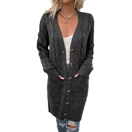 BAKANO Long Sleeve Cable Knit Long Cardigan for Women Chunky Open Front Button Sweaters with Pockets (Dark Gray, XL)