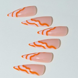 SINHOT Stiletto Press on Nails Long - Orange Stripes & White French Tip Almond Nail Art, DIY Fake Nails with Glossy Glue on Nails, 24Pcs