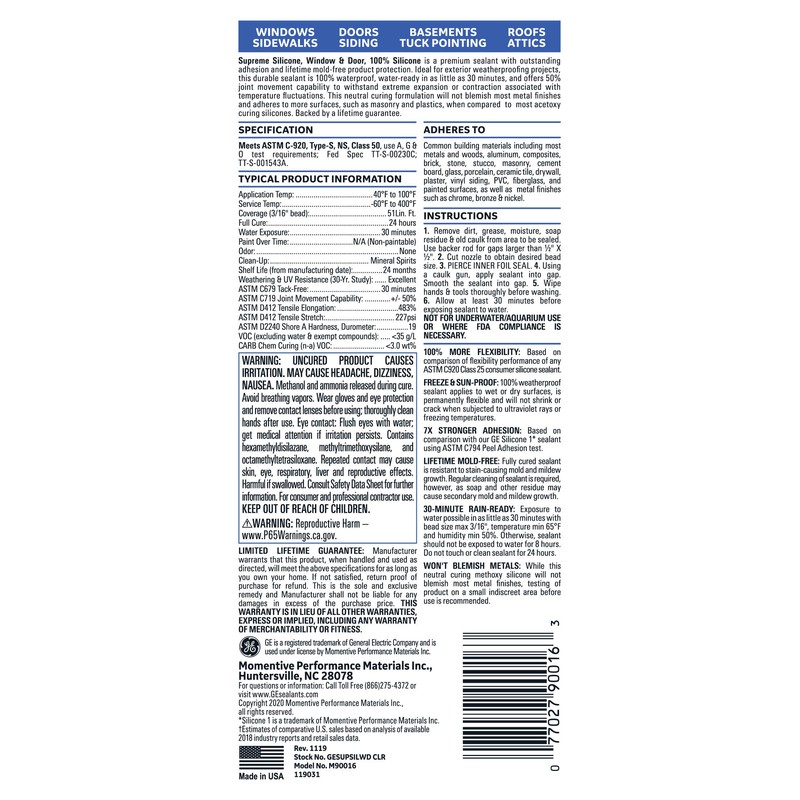 GE Supreme Silicone Caulk for Window & Door, Clear, 10.1