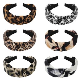 Belle Vous Wide Top Cross Knot Leopard Print Turban Headbands (6 Pack) - Plain Knotted Elastic Boho Head Band Hair Accessories for Women and Girls - 6 Designs